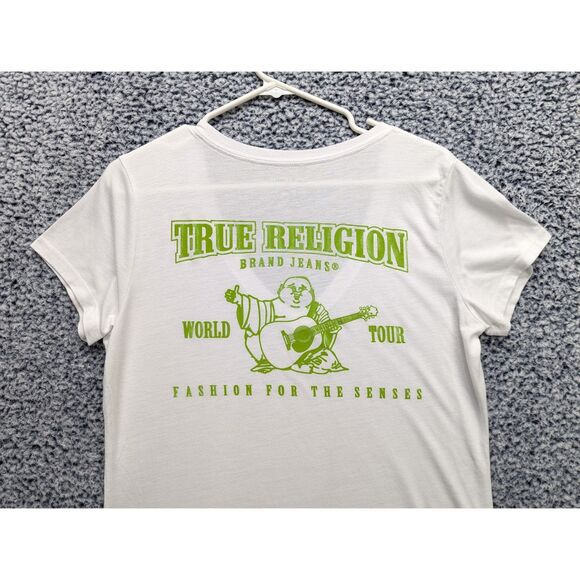 True Religion V Neck T Shirt Size LG Slim Fit Y2K Graphic Print Preppy White - Picture 5 of 11